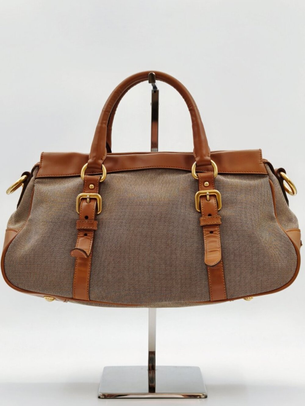Prada Canapa Canvas Leather Satchel Handbag Brown Logo Top Handle Bag - Picture 2 of 13